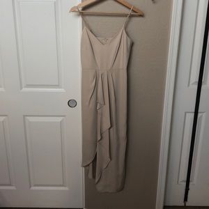 Monique V-Neck Spaghetti Strap Sleeveless Ruffle Asymmetrical Dress Champagne